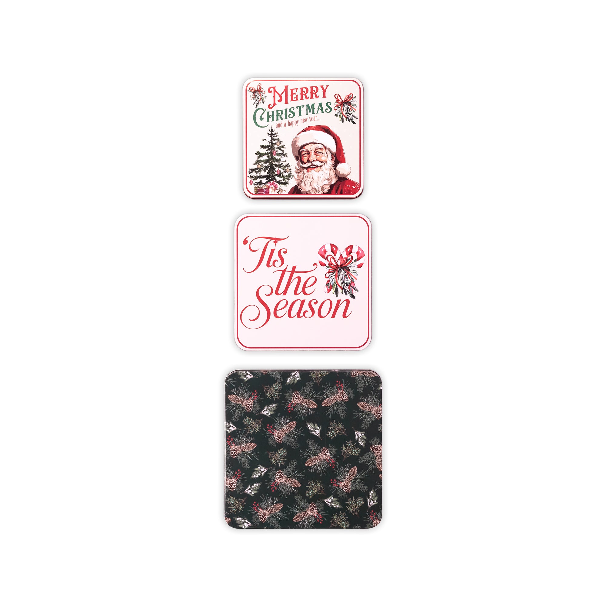 Three square decorative cookie tins arranged vertically on a white background. The top coaster has a vintage Christmas design with Santa, pine trees, and the text 'Merry Christmas'.