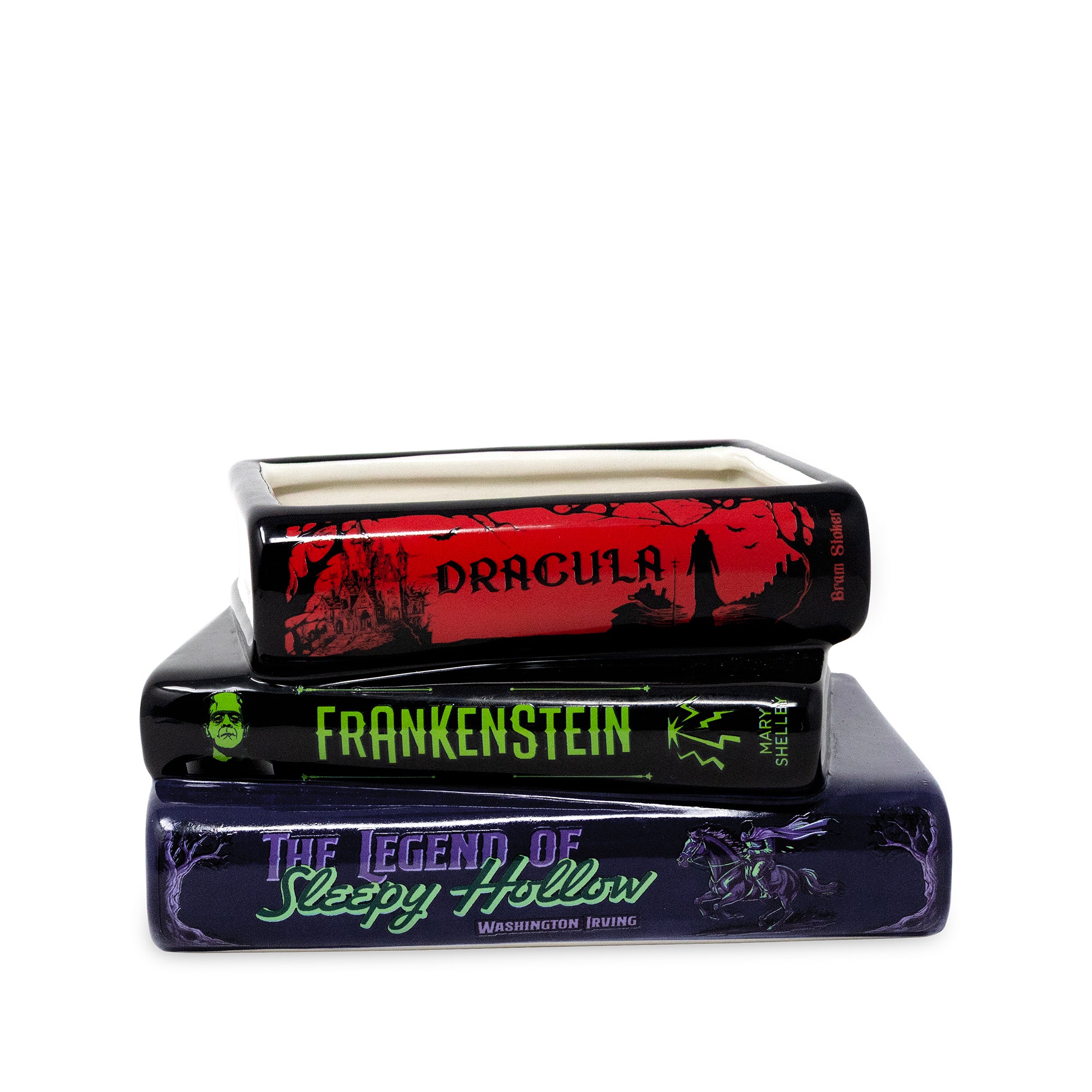 A stack of three rectangular book-shaped vase on a white background, labeled Dracula, Frankenstein, and The Legend of Sleepy Hollow.