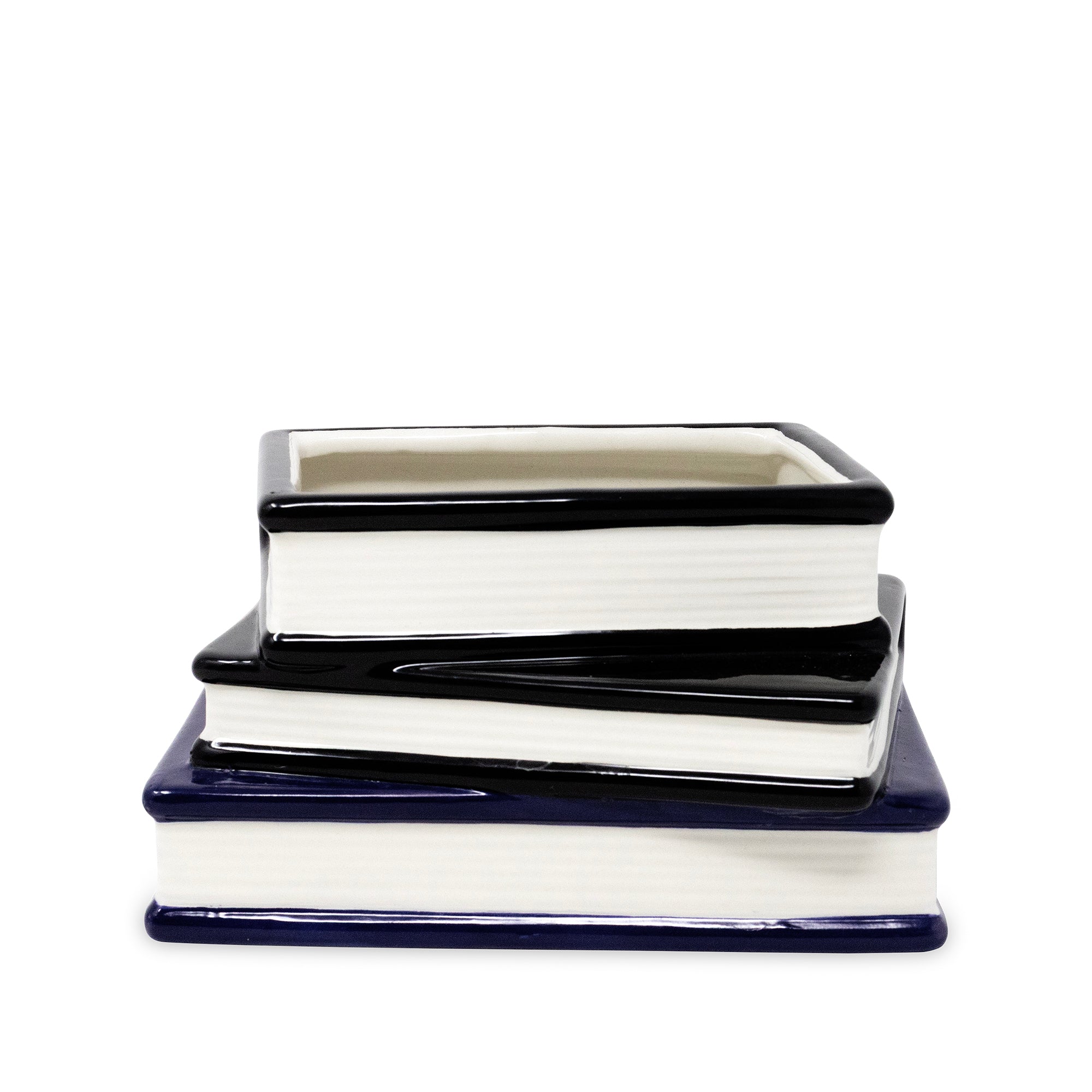 Three stacked ceramic book-shaped vase with glossy navy blue spines and white pages, set against a plain white background.