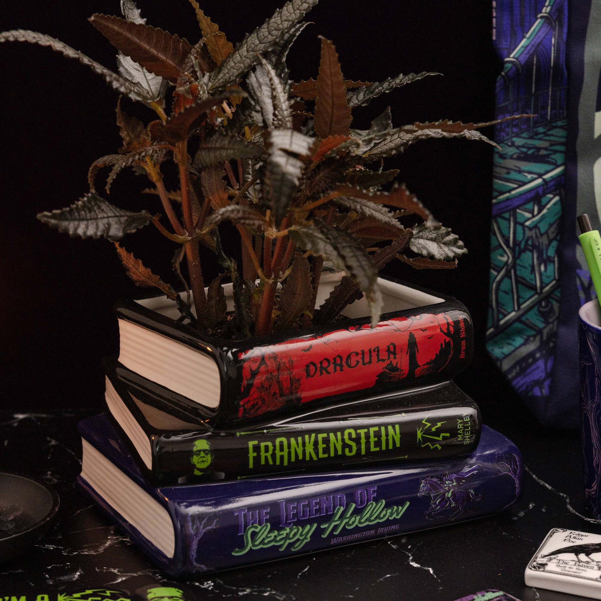A potted artificial plant with dark reddish-brown and silver leaves, styled in a square planter made of stacked books titled Dracula, Frankenstein, and The Legend of Sleepy Hollow, set on a dark marble-like surface.