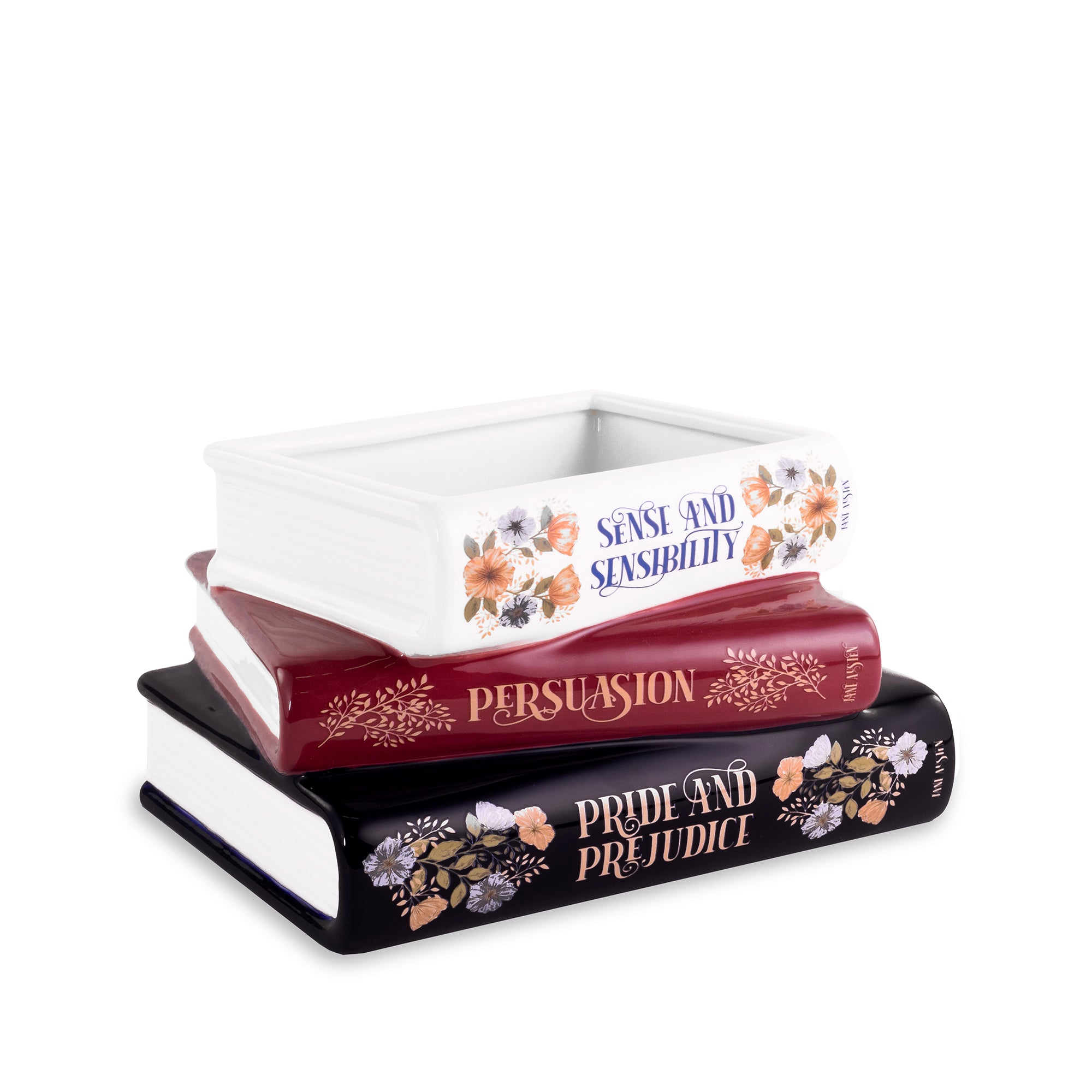 Stack of books with 'Pride and Prejudice', 'Persuasion', and 'Sense and Sensibility' on a white background
