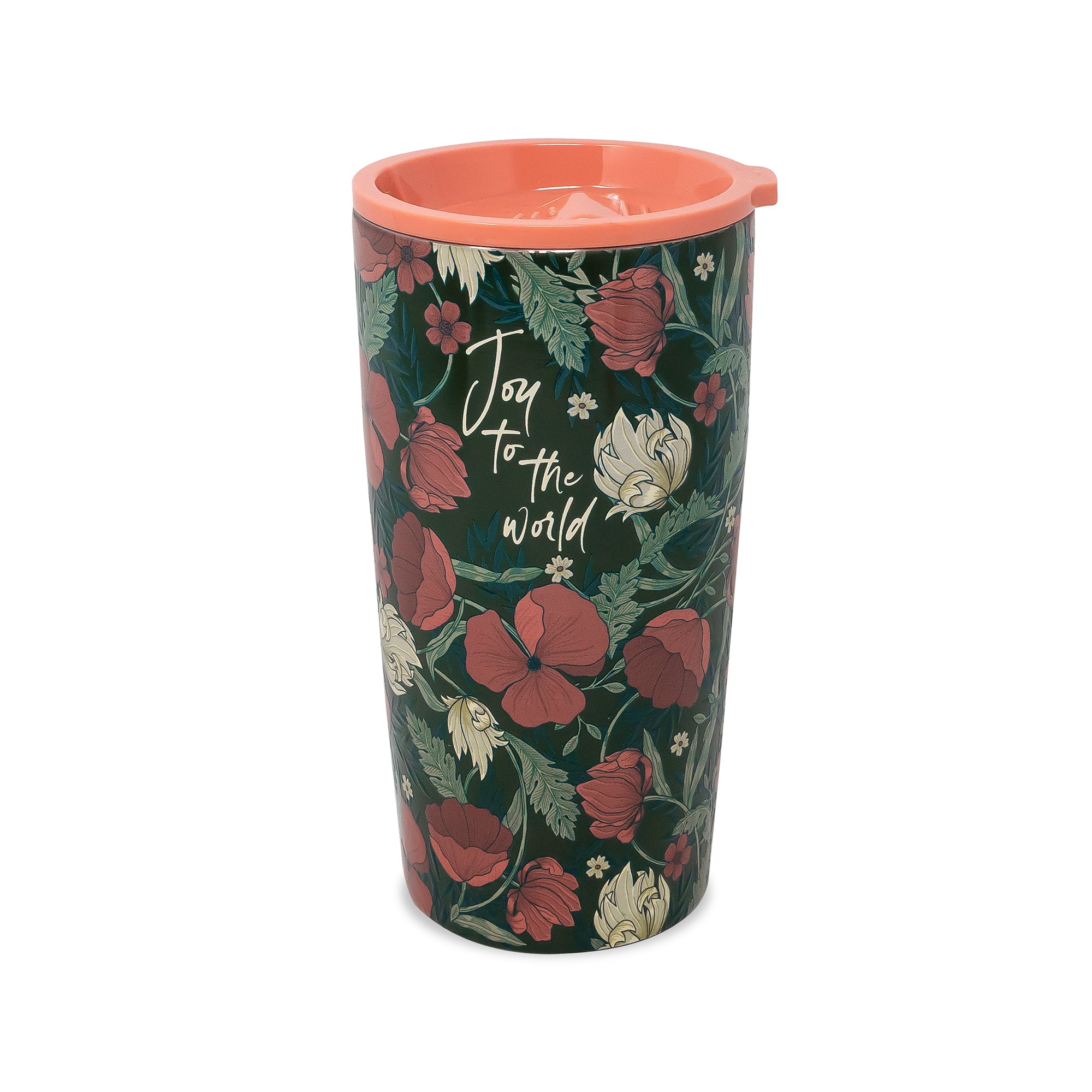A tall insulated tumbler with a dark green floral print featuring red poppies, white flowers, and the text 'Joy to the world'. It has a peach-colored lid with a small spill-resistant lip, shown on a plain white background.