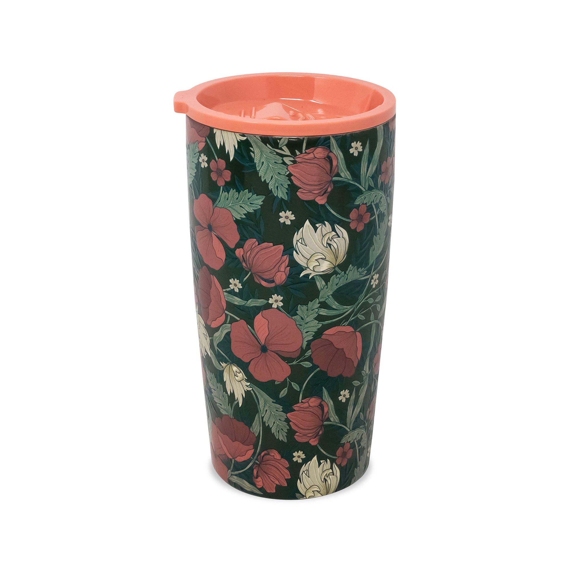 A tall insulated tumbler with a coral orange lid and a dark green floral pattern featuring red, pink, and cream flowers, shown on a plain white background.