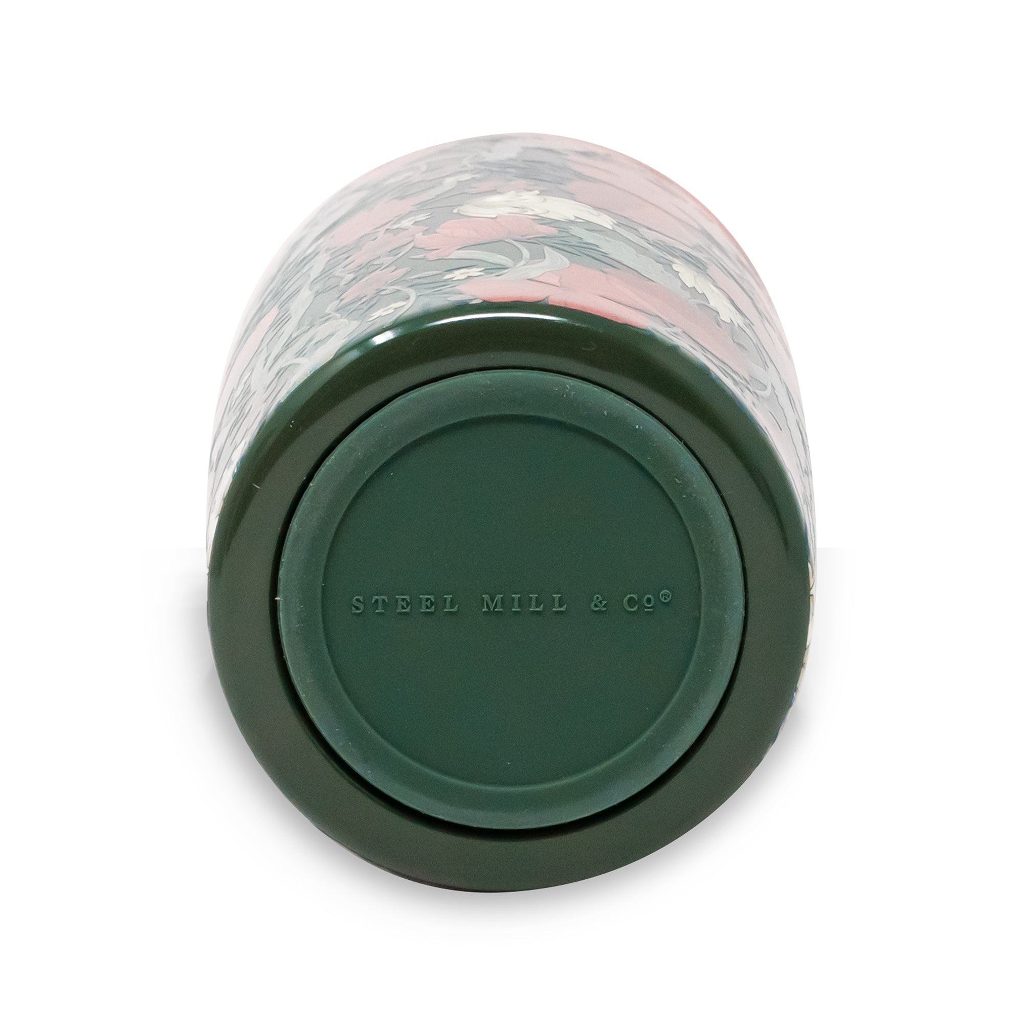 A top-down view of a Steel Mill & Co. tumbler showing its dark green base and a marbled pattern of green, pink, and white on the upper body, set against a plain white background.