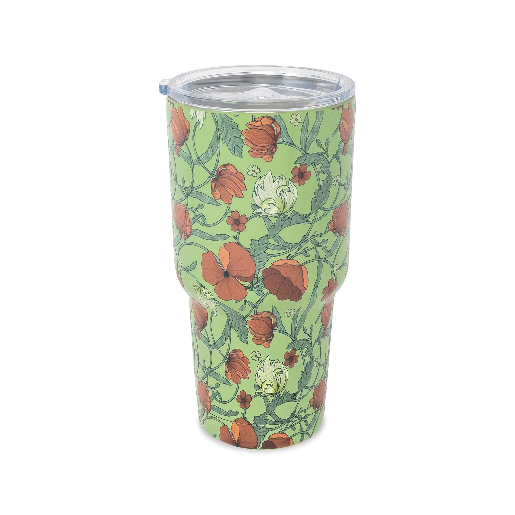 A 30 oz insulated tumbler with a clear lid, featuring a light green background with a repeating floral pattern of orange poppies and white flowers.
