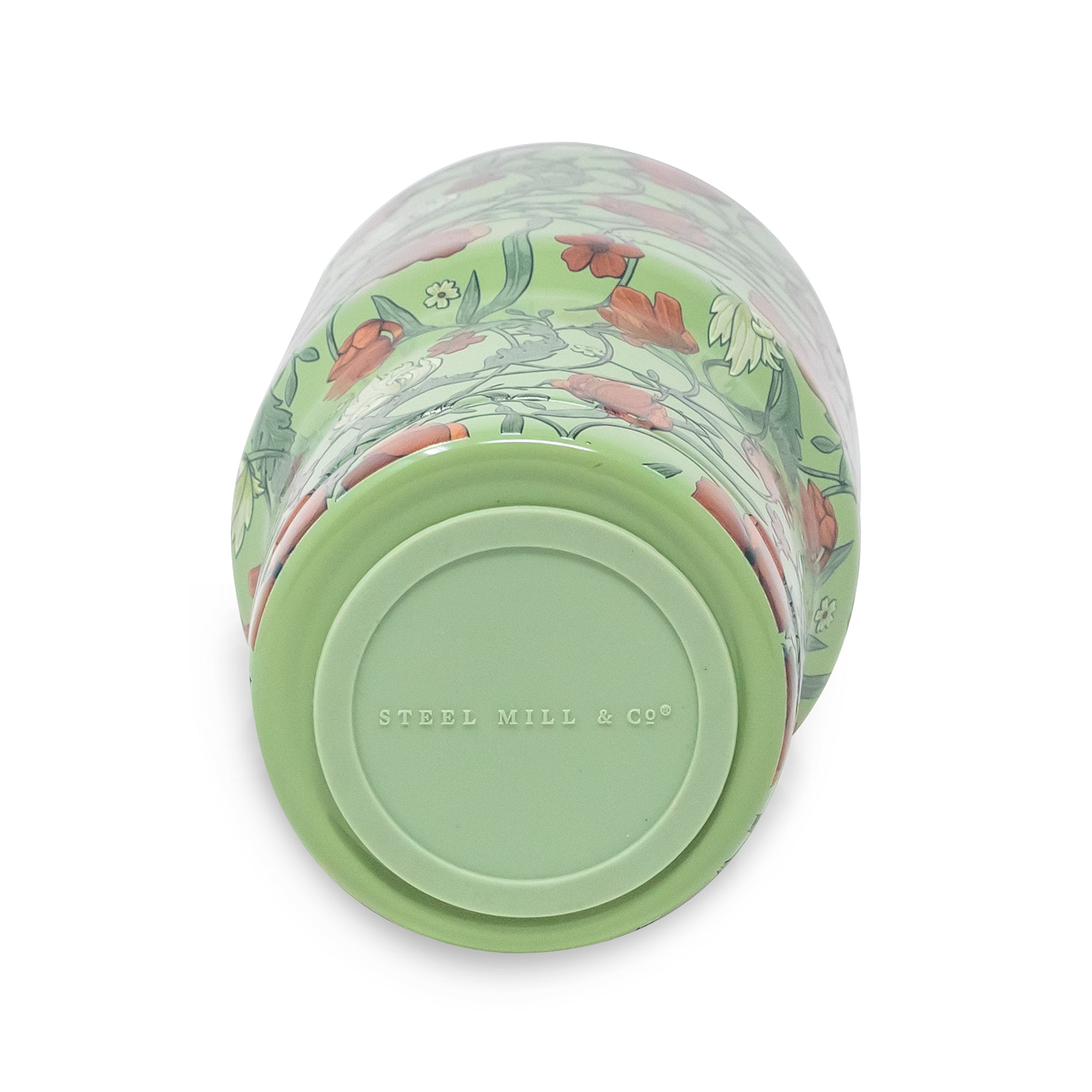 A green insulated tumbler with a floral pattern and a solid green lid, photographed on a clean white background. The brand 'STEEL MILL & CO' is embossed on the lid.
