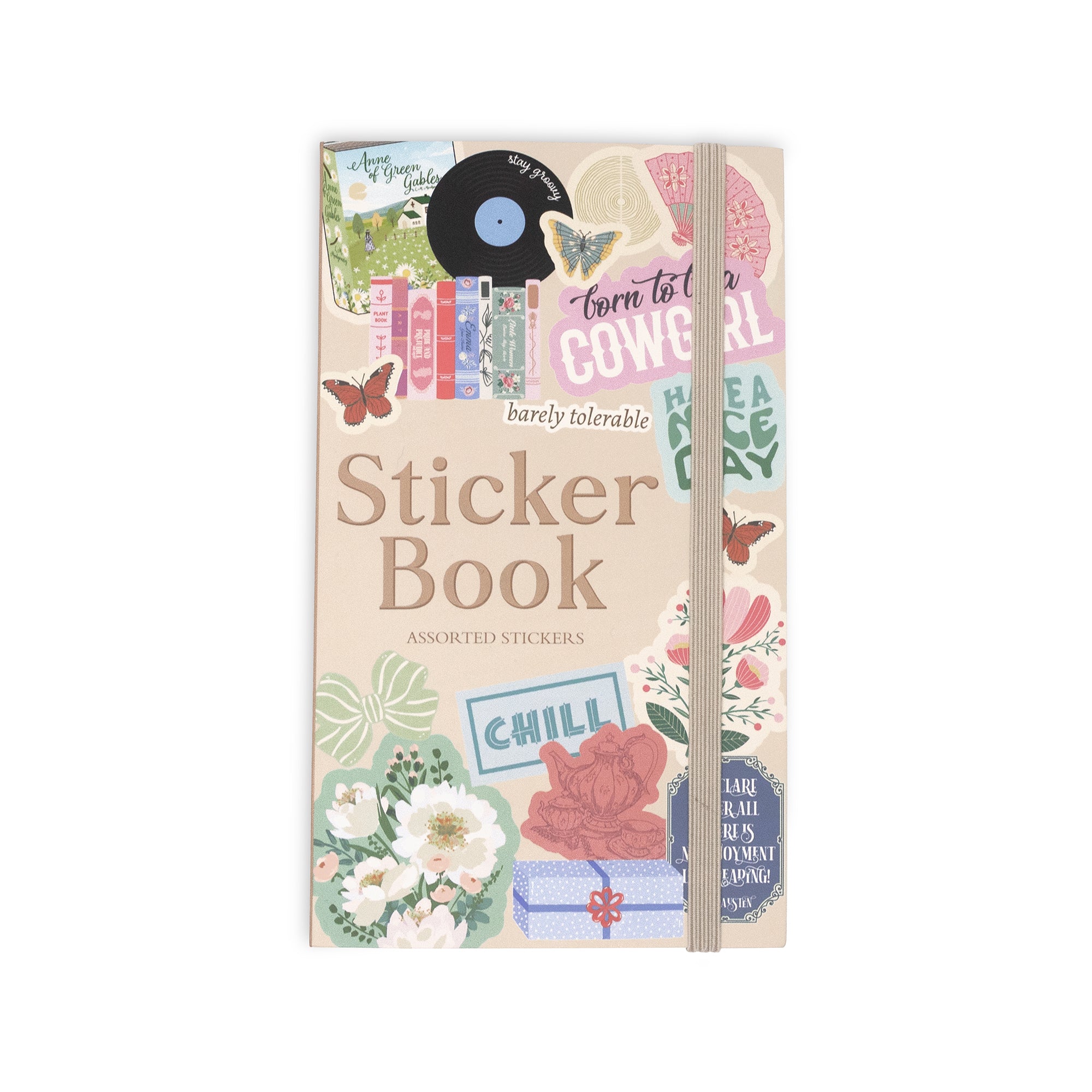 Sticker book with various stickers on a beige background