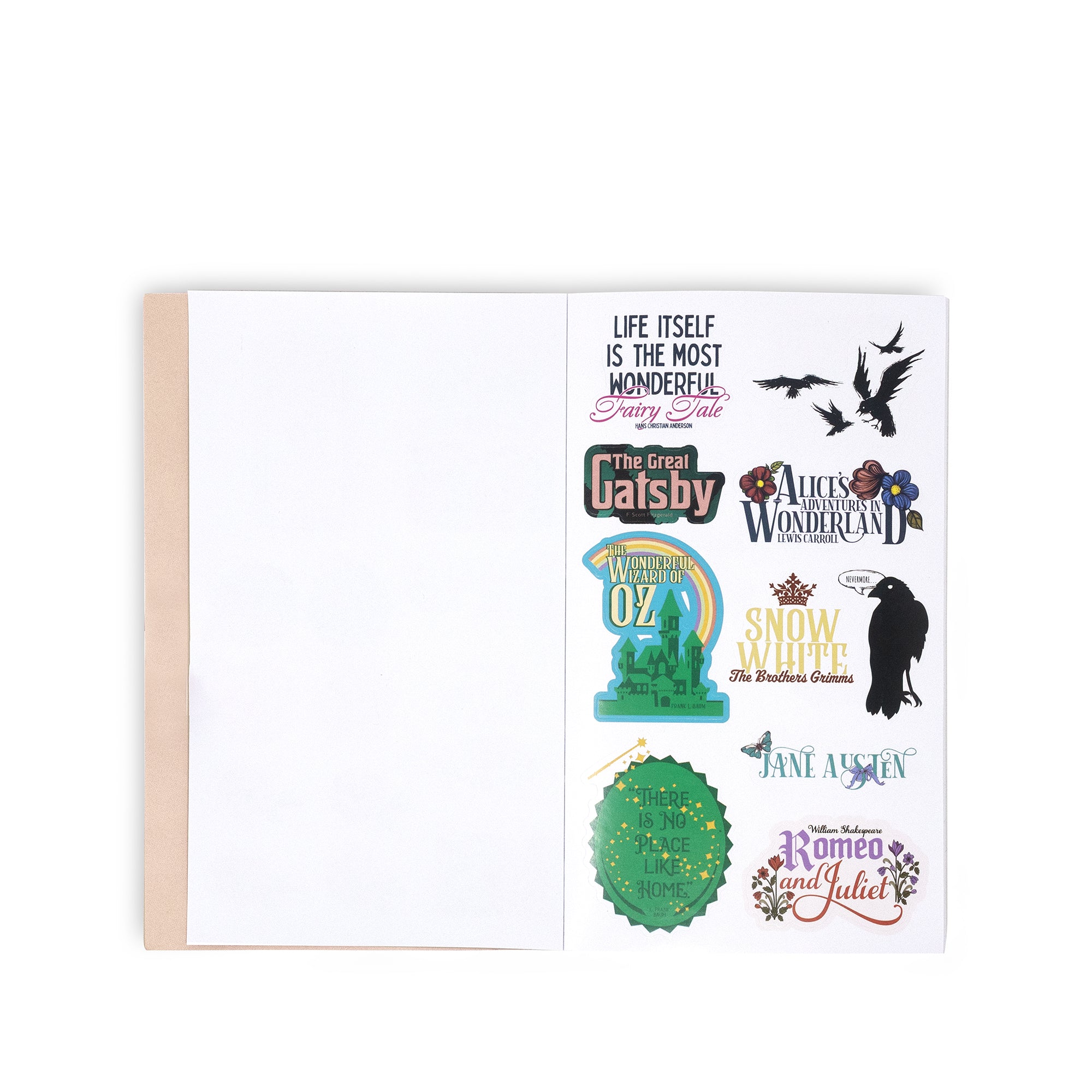 sticker book with literary-themed stickers on a white background