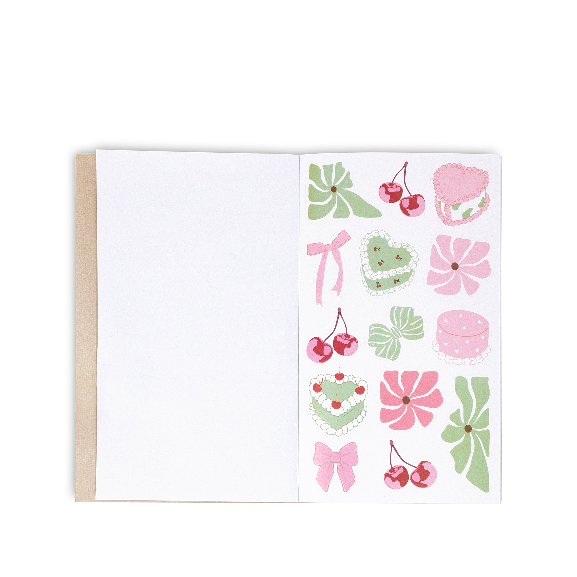 sticker book with colorful illustrations of cherries, flowers, and bows on a white background