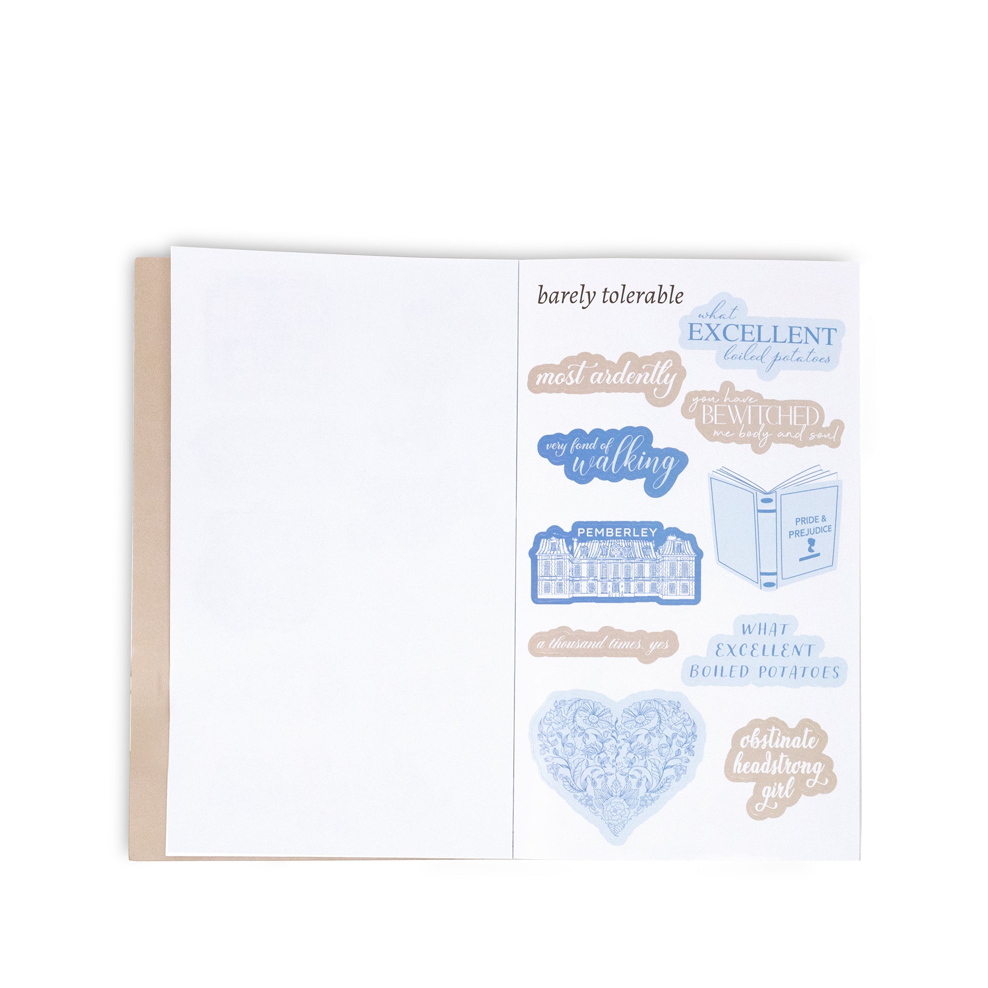 Set of decorative stickers with text and a building illustration on a white card.