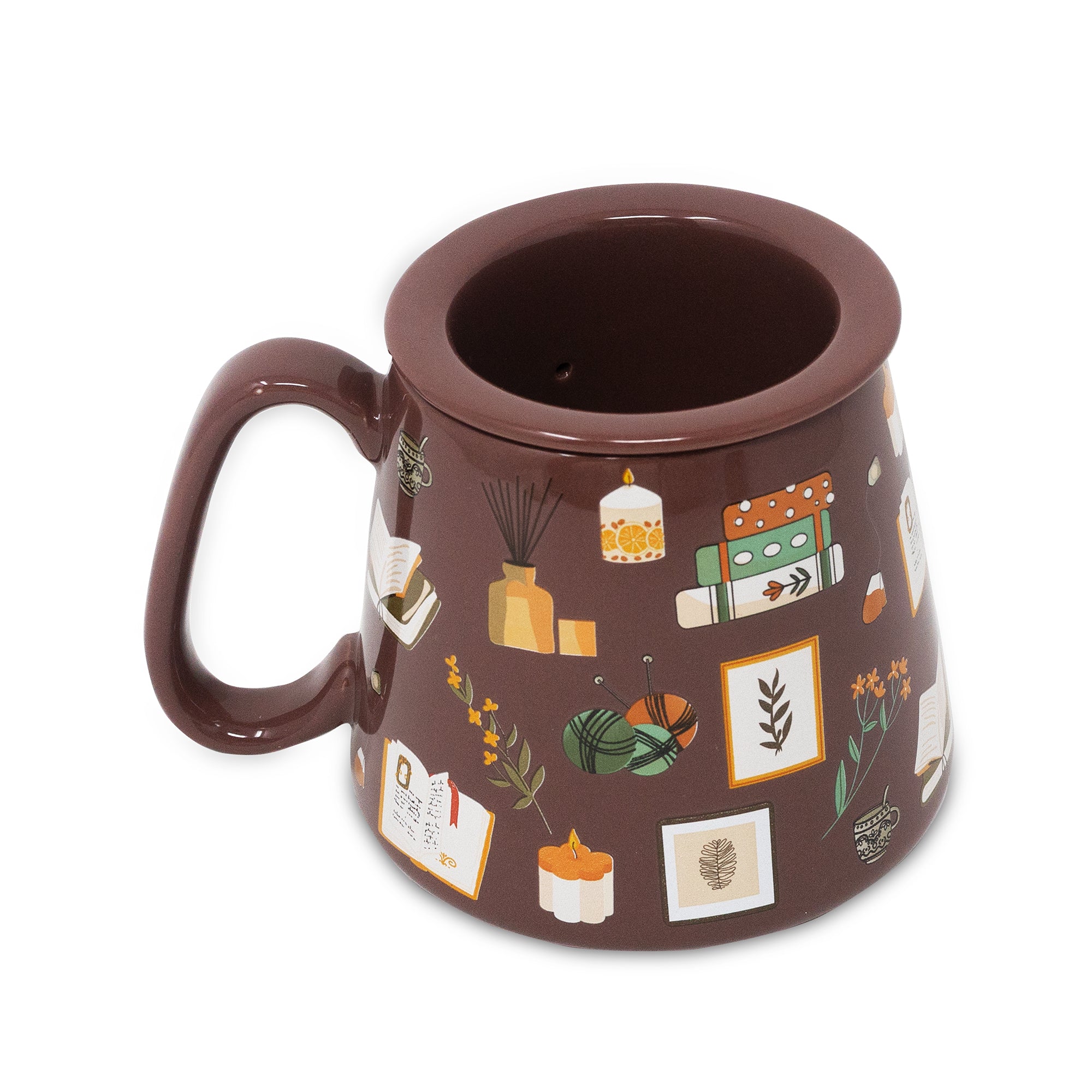 Brown mug with decorative patterns on a white background