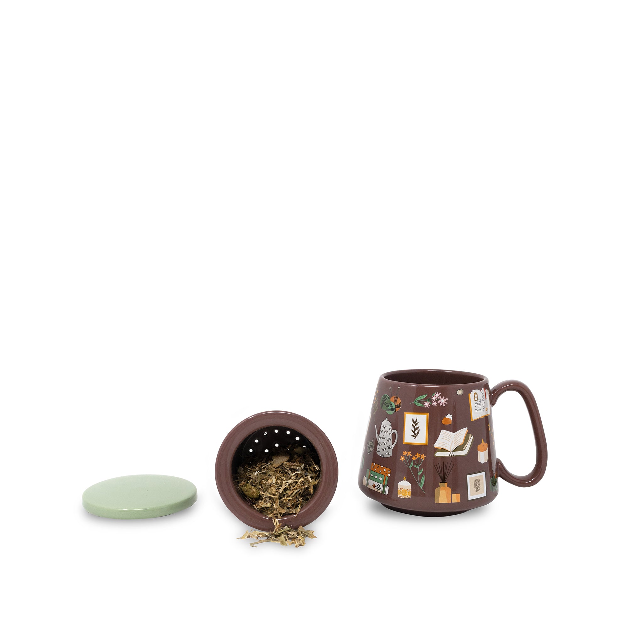 Tea mug with infuser and decorative elements on a white background