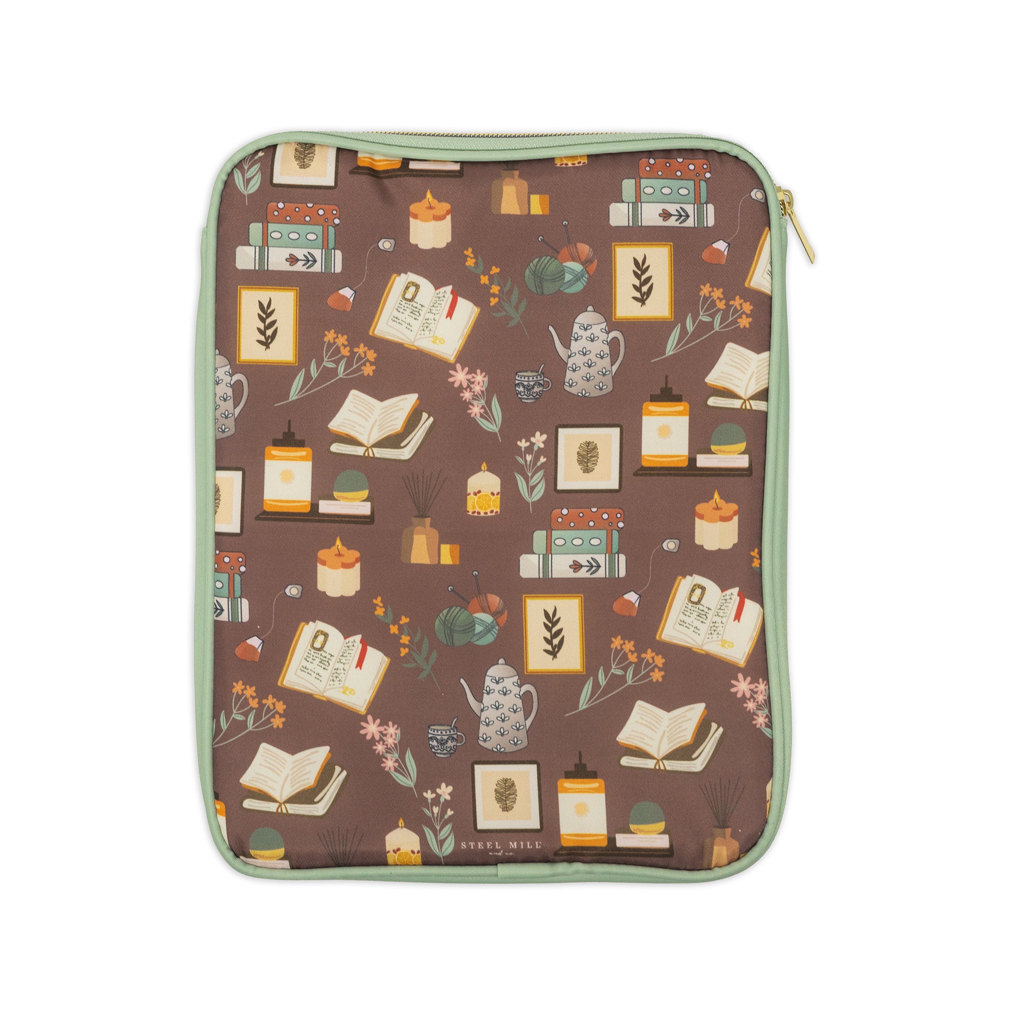 brown book sleeve with colorful cozy book nook icons on a table