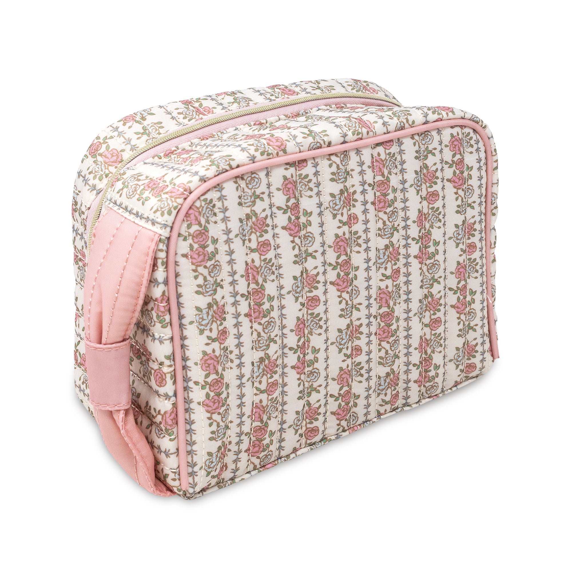 A rectangular toiletry bag with a pink and beige floral print, featuring a solid pink zipper and side strap, shown on a white background.