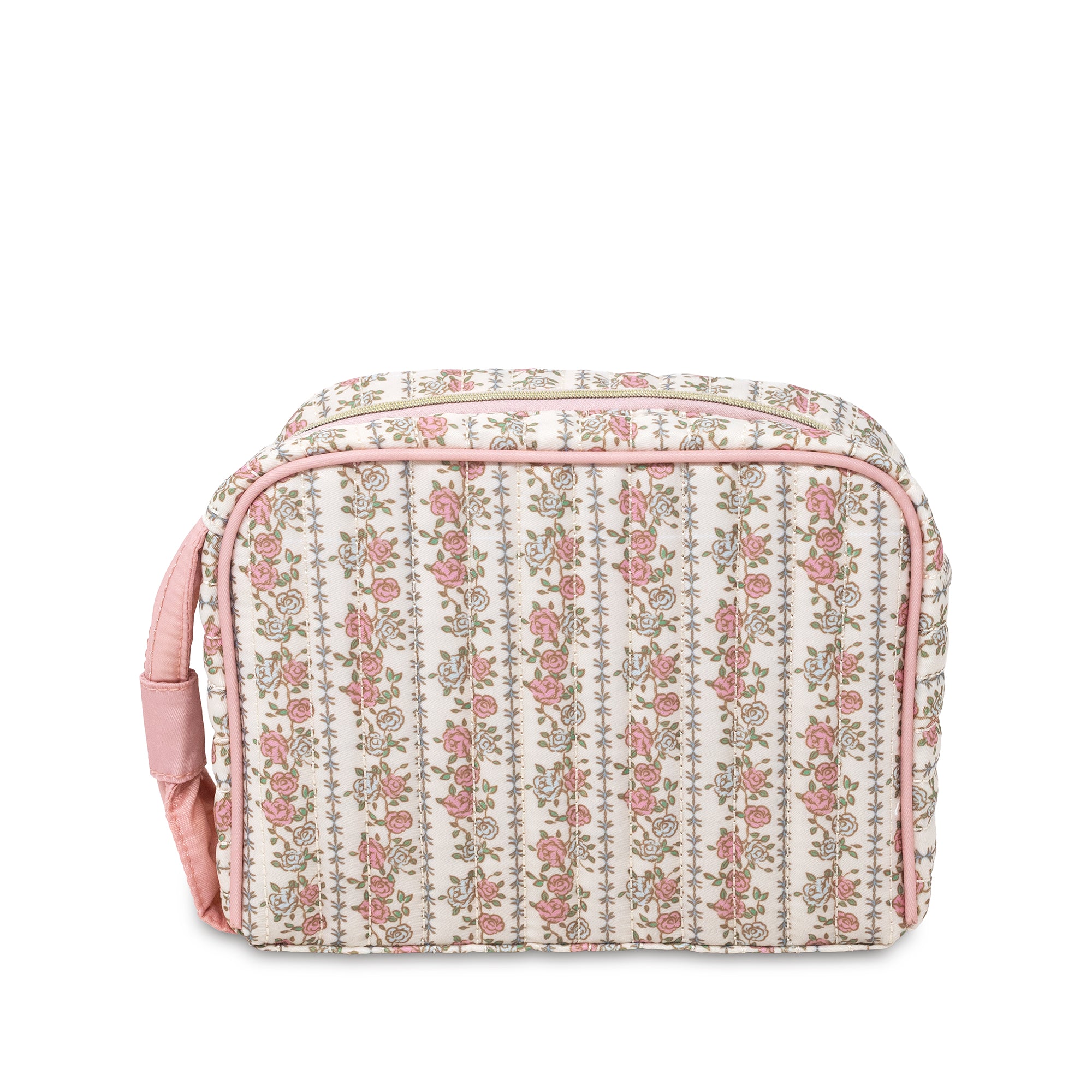 A rectangular cosmetic bag with a vertical floral pattern in pink and green on a cream background, featuring light pink piping and a matching pink strap, shown against a plain white background.