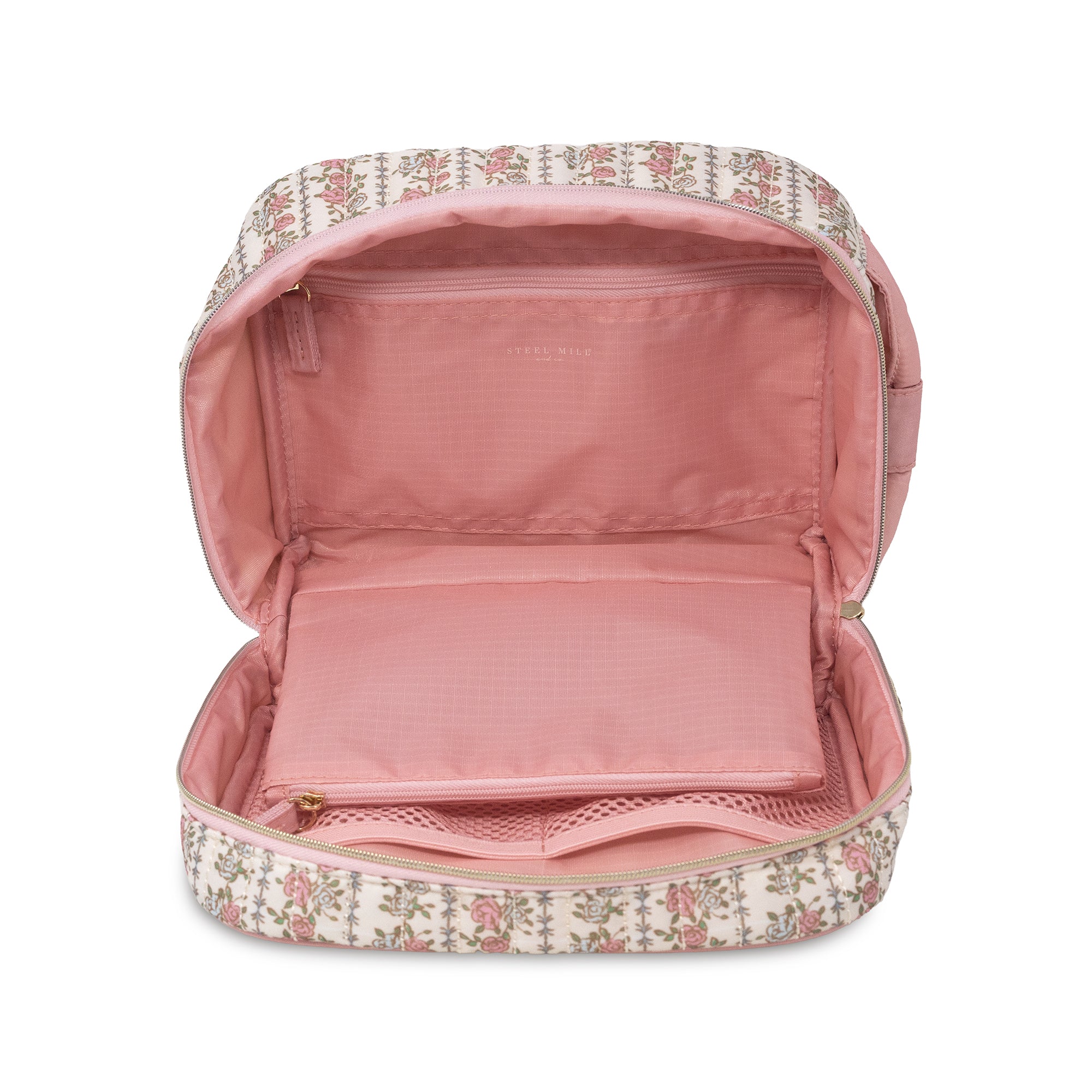 An open cosmetic bag with a pink interior and a floral patterned exterior on a white background.