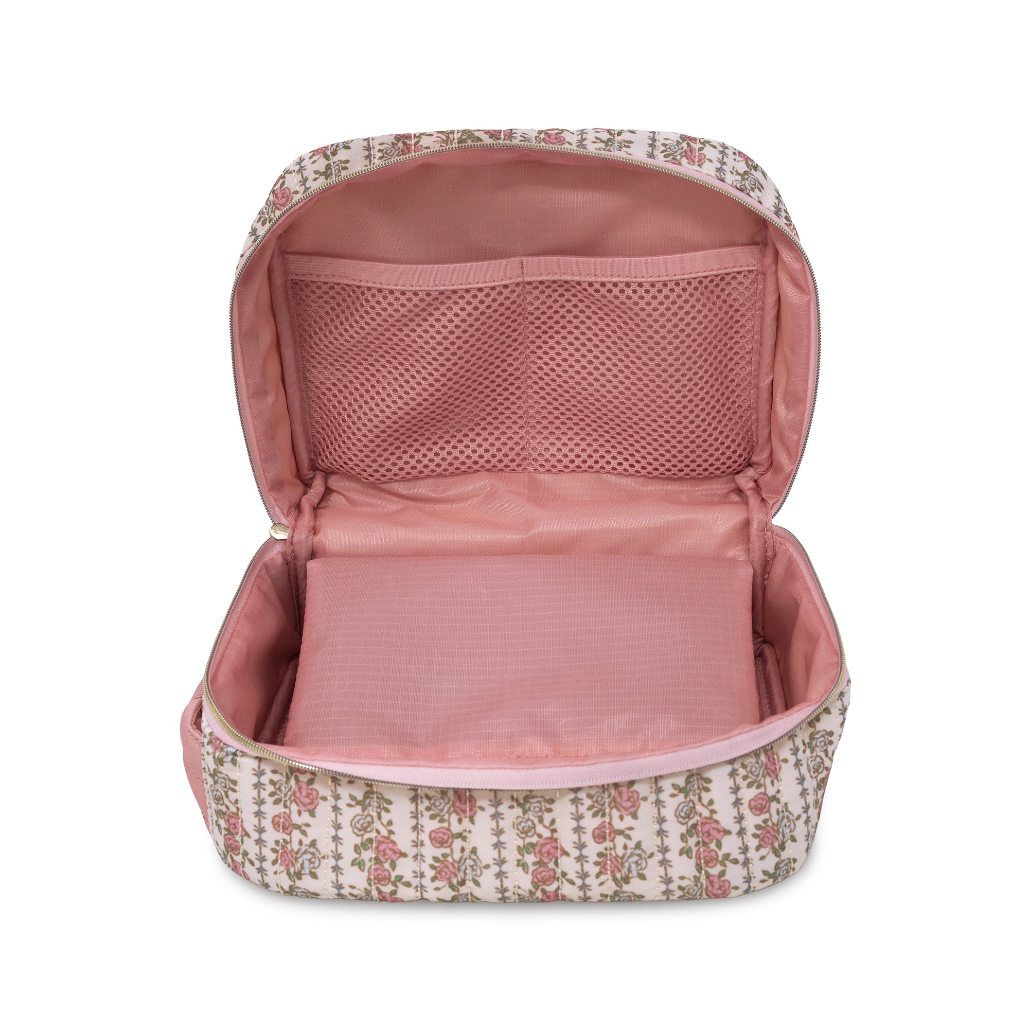 An open rectangular travel organizer bag with a pink mesh interior and a floral patterned exterior on a white background.