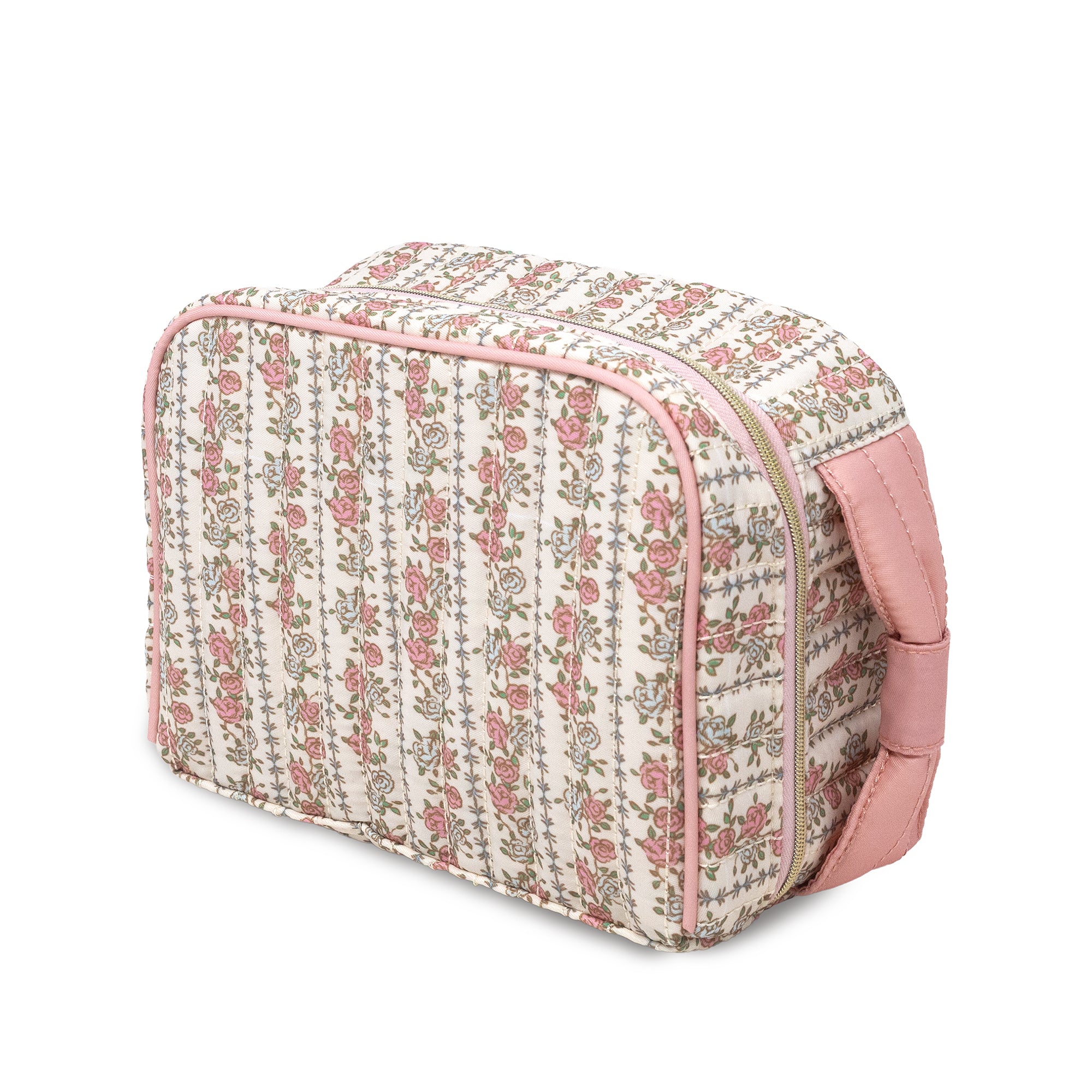 A rectangular zippered toiletry bag with a pink floral and green vine pattern on a cream background, featuring pink trim and a pink handle, shown on a white background.