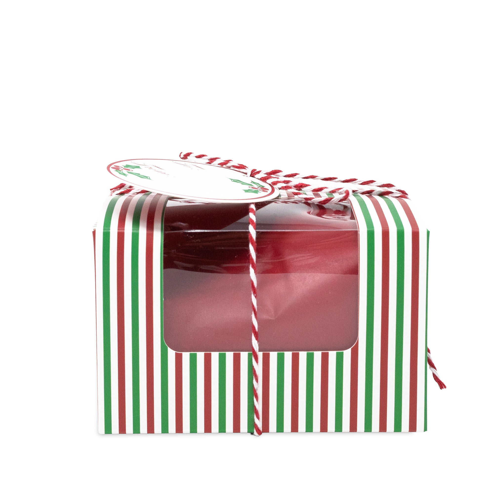 A treat box in a clear windowed gift box with red, green, and white striped wrapping paper and a round white tag tied with red-and-white string, on a white background.