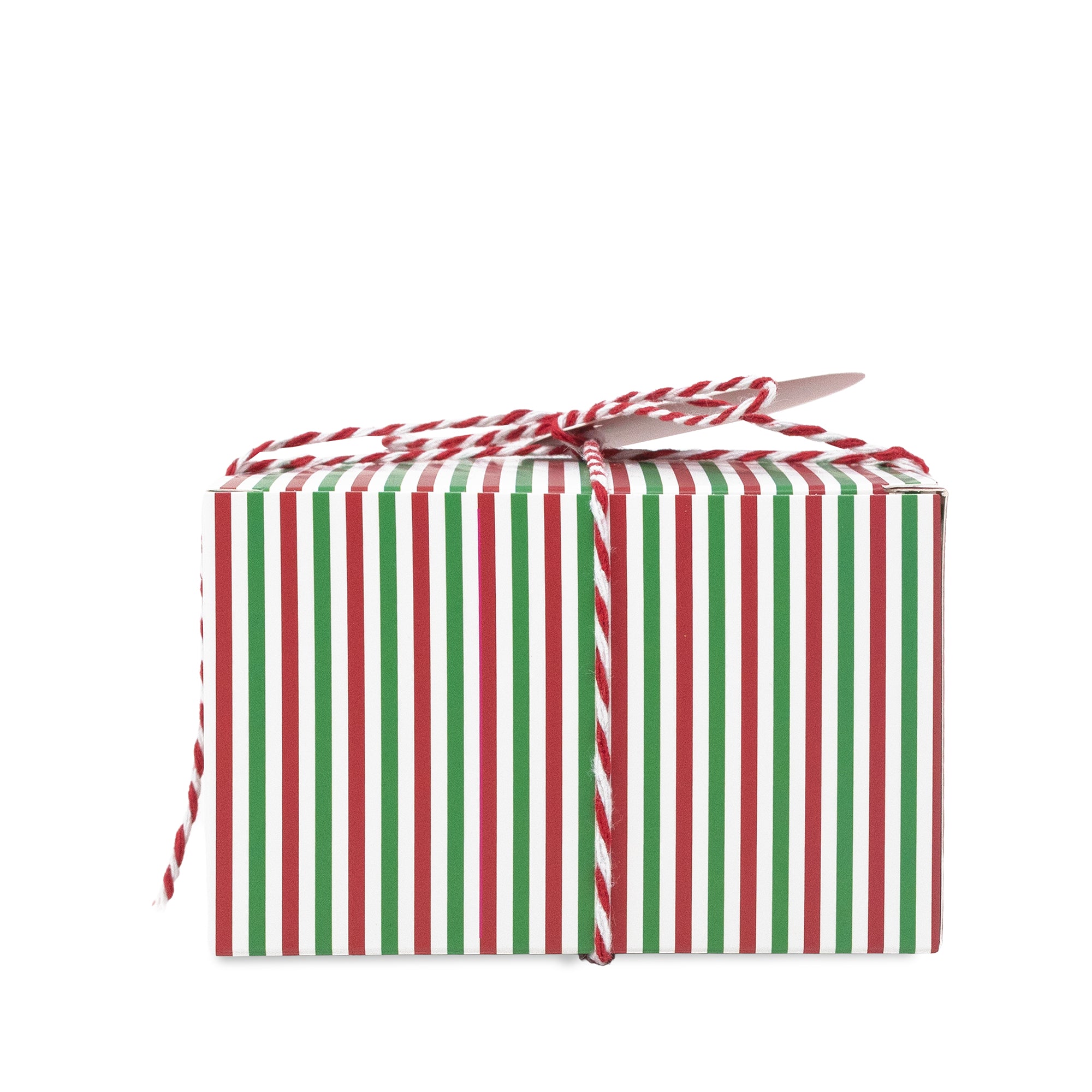 A rectangular gift box wrapped in festive red, green, and white striped paper, tied with a matching red and white striped string and bow, on a plain white background.