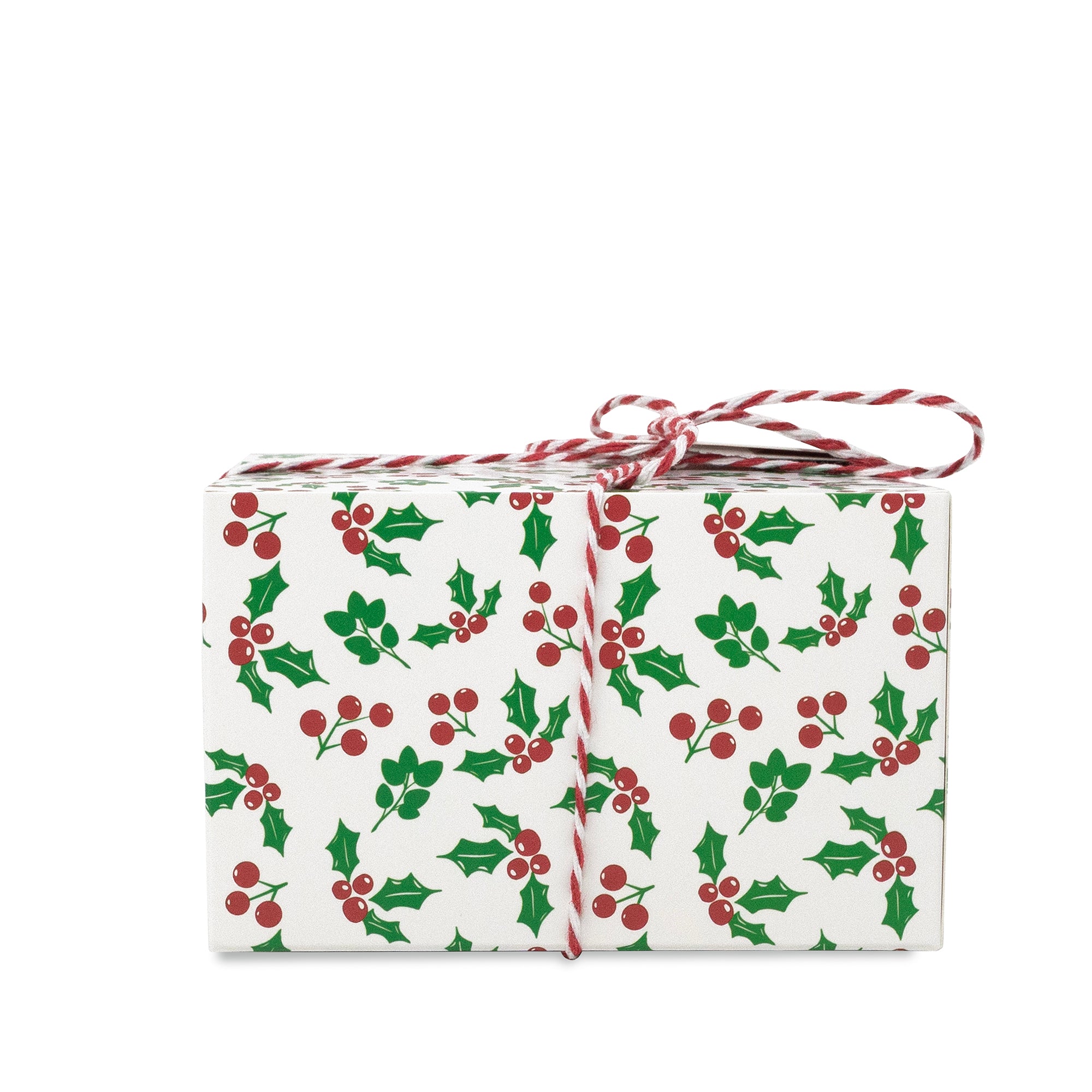 A small gift box wrapped in white paper with a green holly and red berry pattern, tied with red-and-white striped twine on a plain white background.