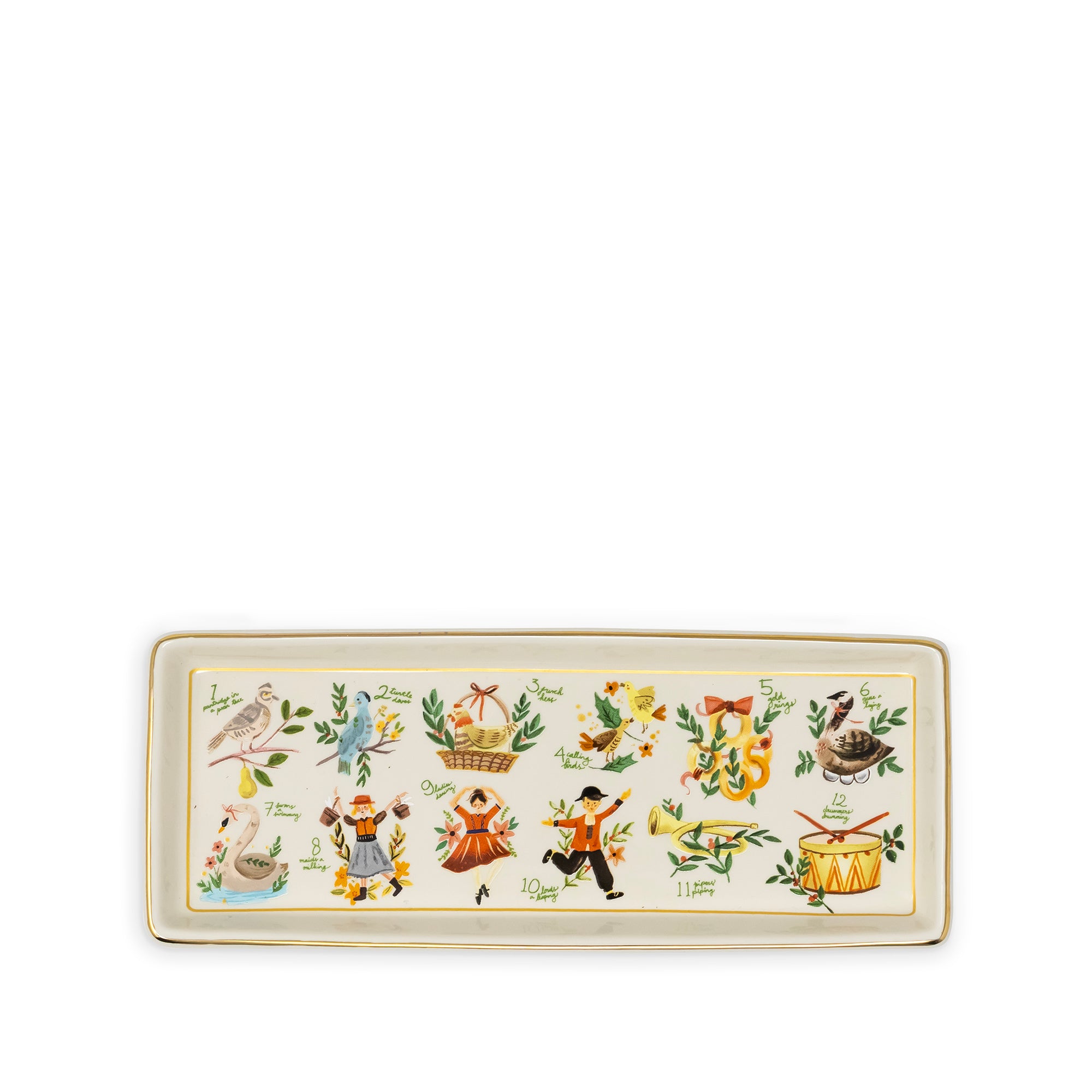 A rectangular ceramic tray with a cream-colored background and a colorful border illustration featuring various Dutch folk art motifs, birds, figures, and musical instruments.