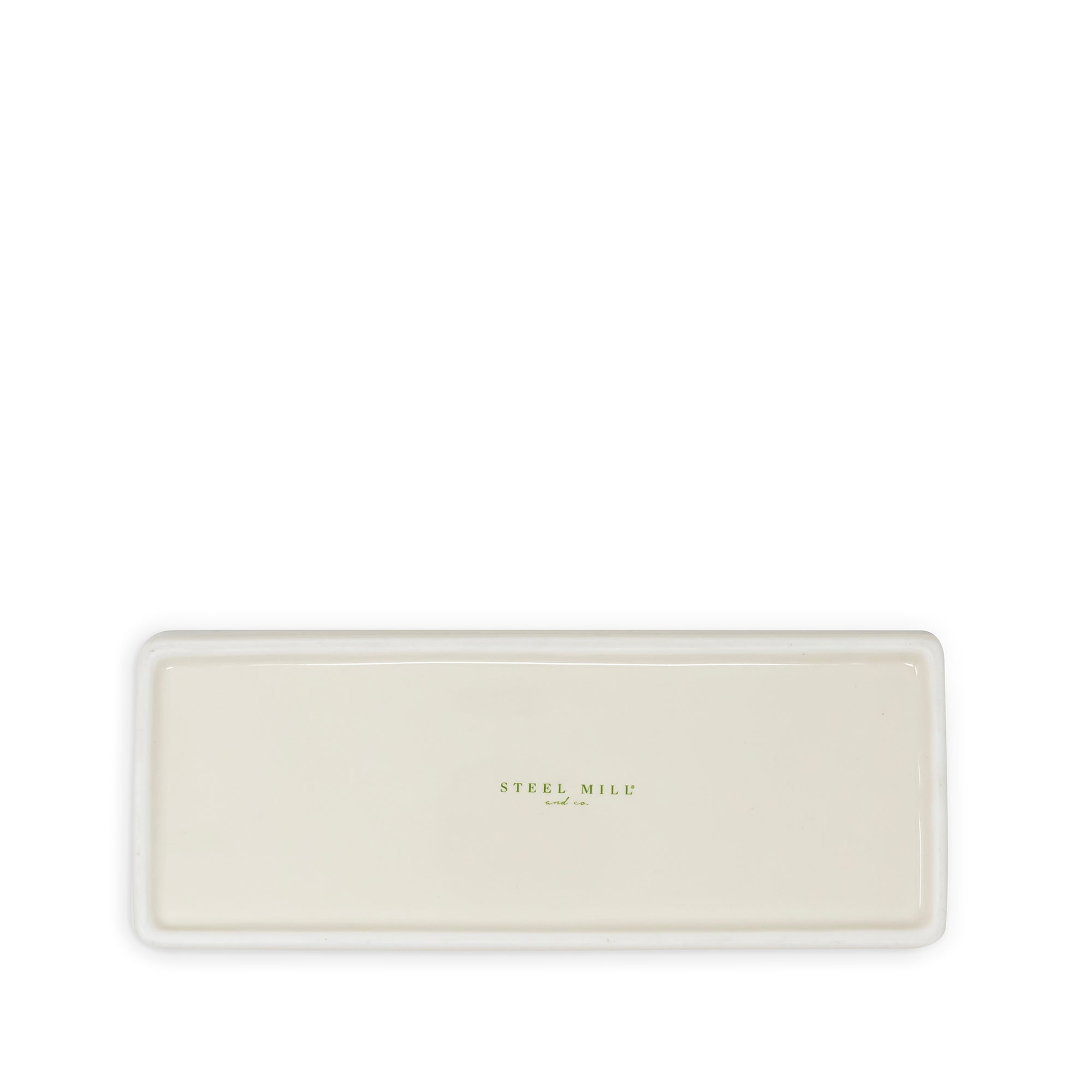 A rectangular ceramic platter in a warm cream color with the brand name 'STEEL MILL' printed in gold at the center, shown on a solid white background.