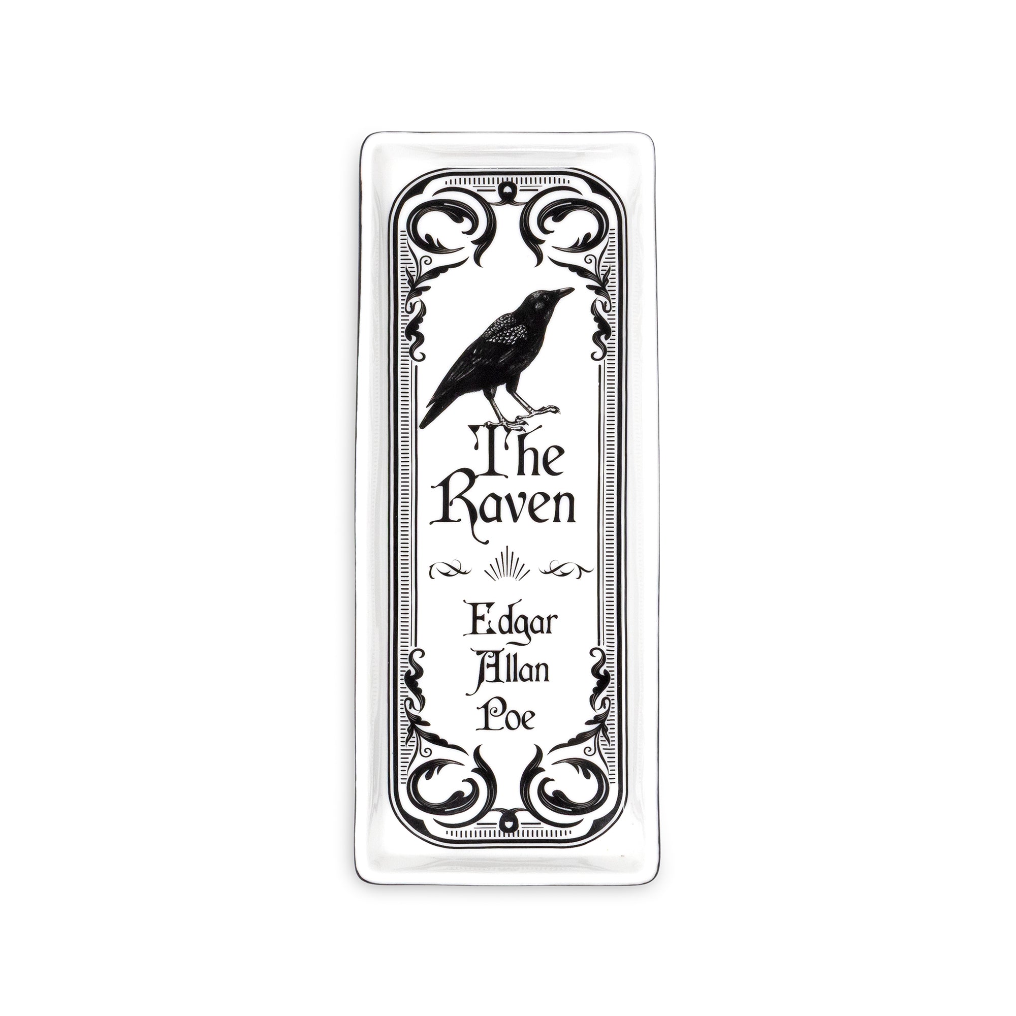 A white rectangular tray featuring a black ornate border, a raven illustration, and the text 'The Raven' and 'Edgar Allan Poe' printed in black.