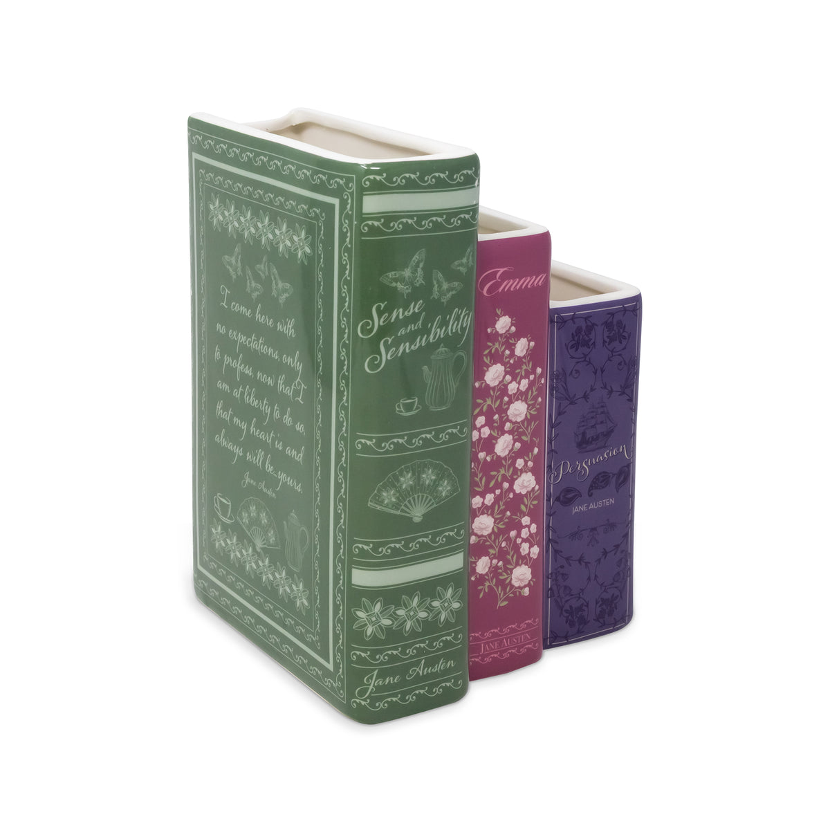 side view of planter with three 'books' side by side. large green sense and sensibility, medium pink emma, and small purple persuasion