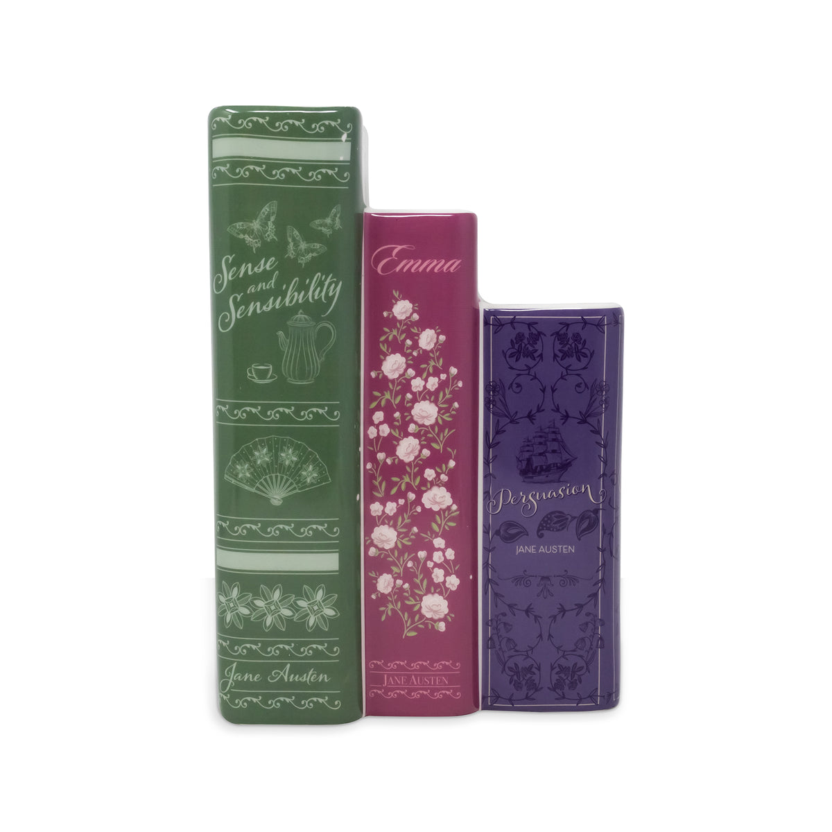 planter with three 'books' side by side. large green sense and sensibility, medium pink emma, and small purple persuasion