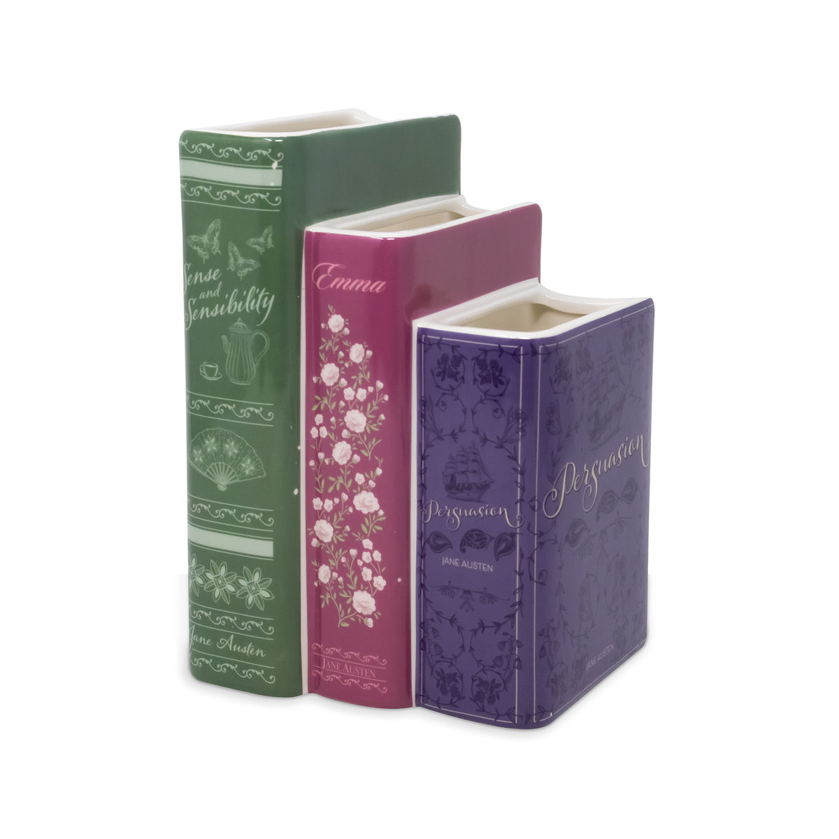planter with three 'books' side by side. large green sense and sensibility, medium pink emma, and small purple persuasion