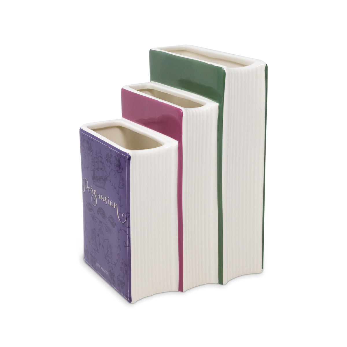 'pages' of planter with three 'books' side by side. large green sense and sensibility, medium pink emma, and small purple persuasion