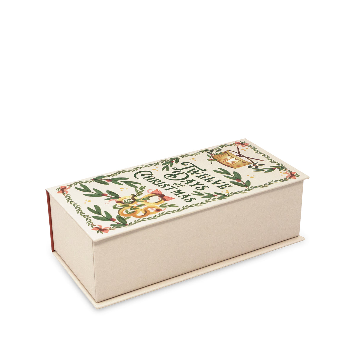 A rectangular decorative box with a cream-colored cover featuring vintage-style holiday illustrations and the text 'Twelve Days of Christmas.' The box is photographed on a clean white background.