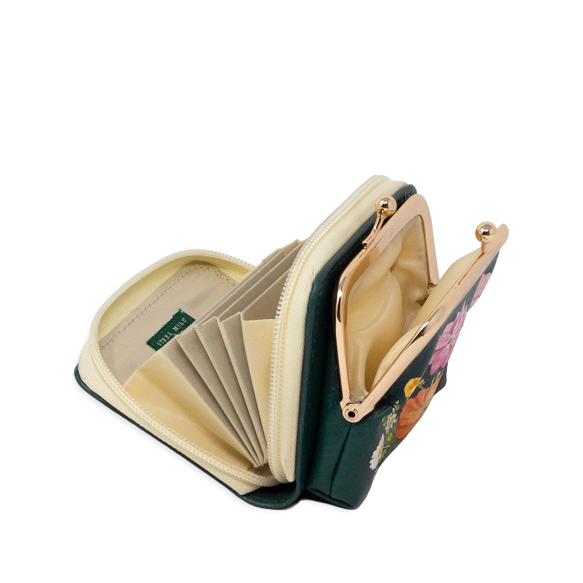 An open coin purse wallet, featuring a dark green exterior with a floral print on the front, cream-colored interior lining, gold-tone metal zipper and clasp, and multiple card slots.