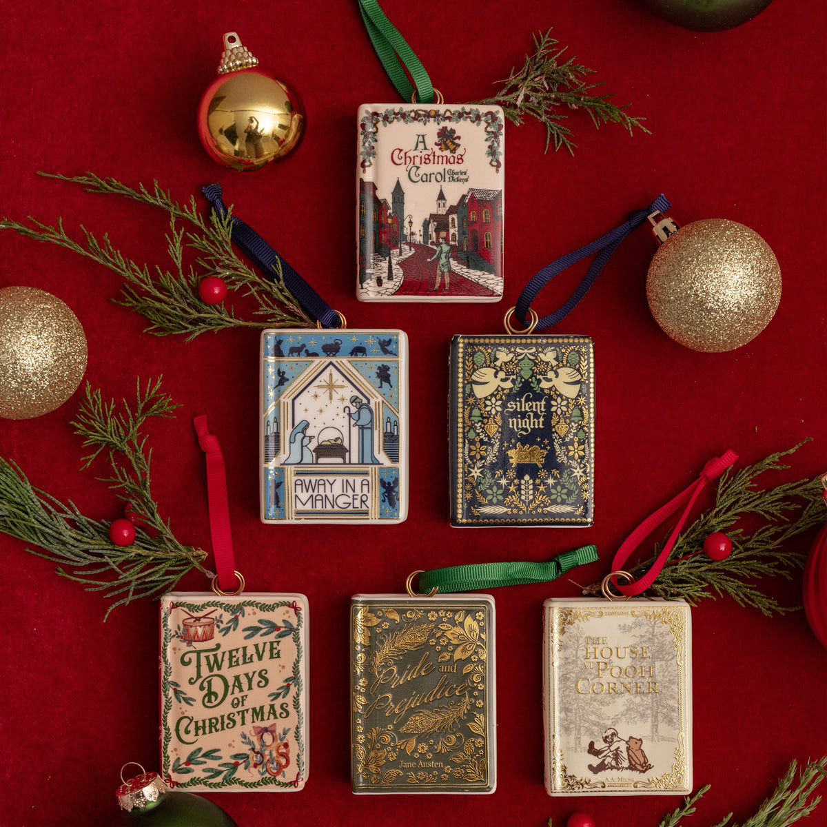 assorted ornaments on a red background