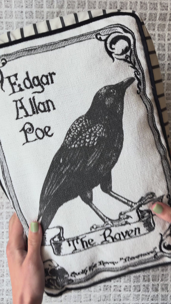 model showcasing white Edgar Allan Poe the raven rectangular throw pillow