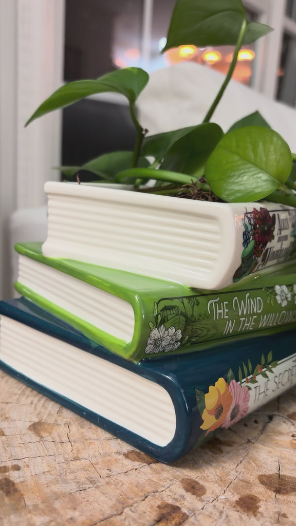 model showcasing stacked whimsy book planter