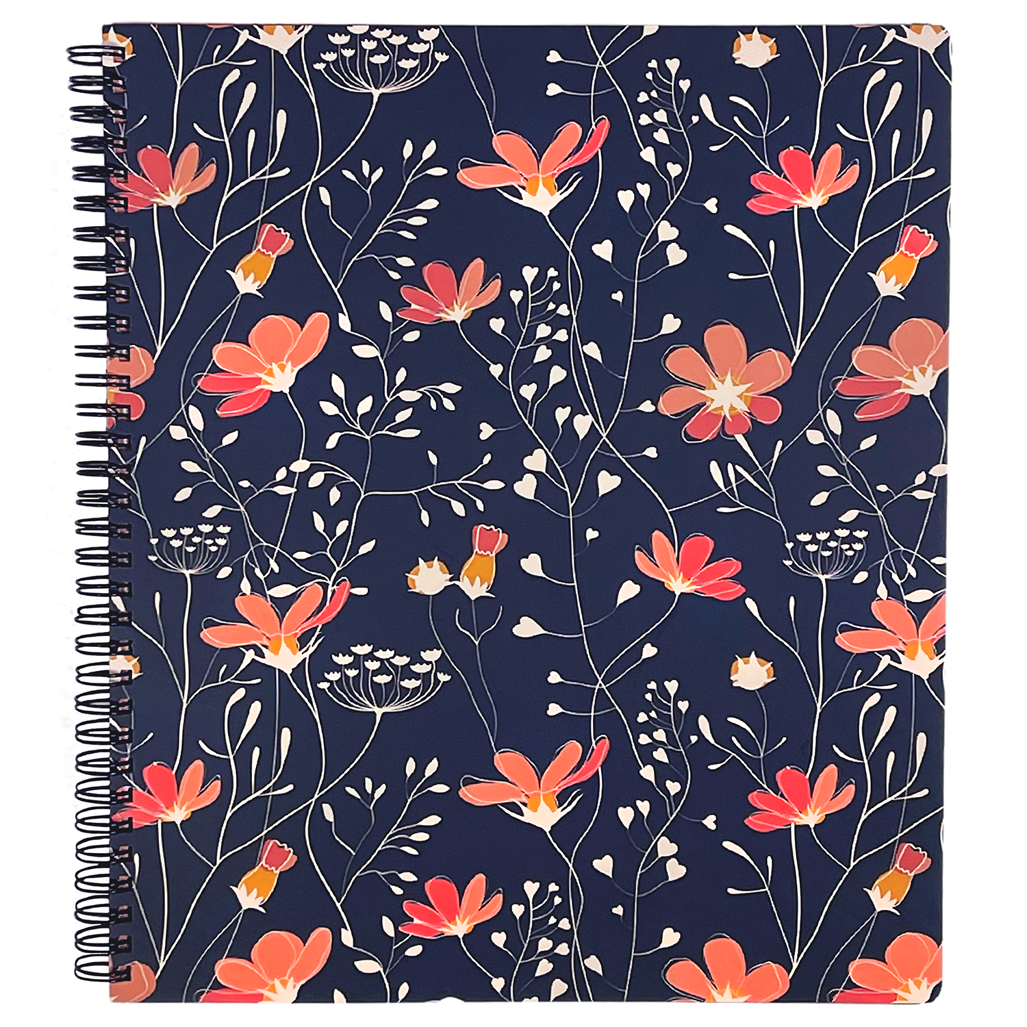 navy blue large spiral notebook with coral floral hardcover, metal spiral and 160 lined pages for school or office supplies